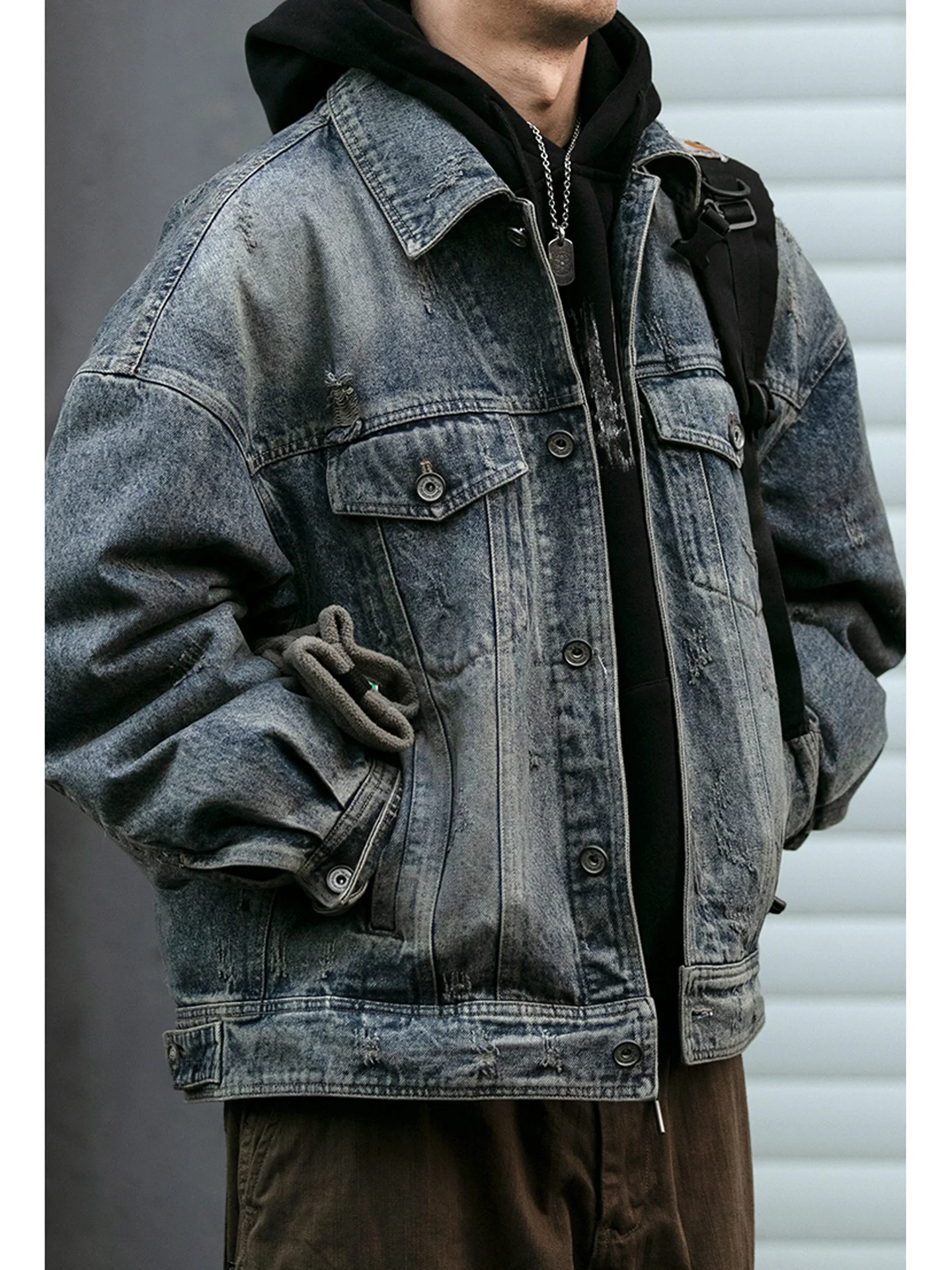 

Heavyweight Men's Denim down Jaet Winter Faion Brand Removable Inner Gothic Letter Print Distred Coat Trendy Cotton Blend