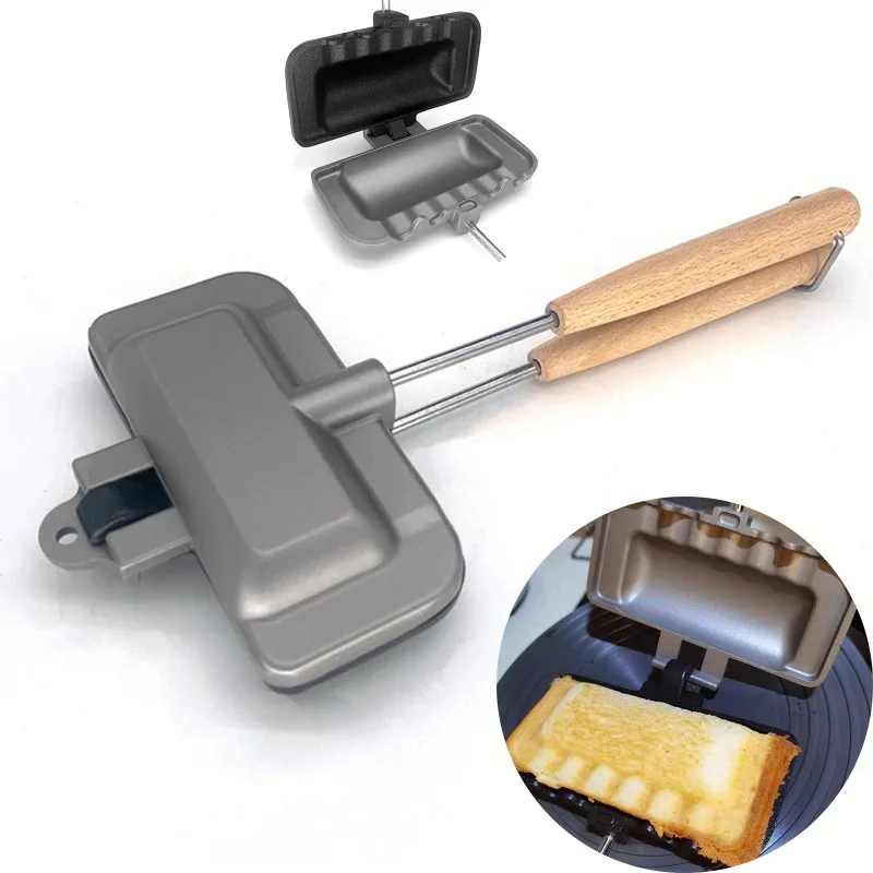 هوت دوج محمصة على الوجهين غير عصا عموم الوجه تصميم المدمجة صانع الساندوتشات للمنزل التخييم مريح الخشب مقبض وجبة خفيفة سريعة