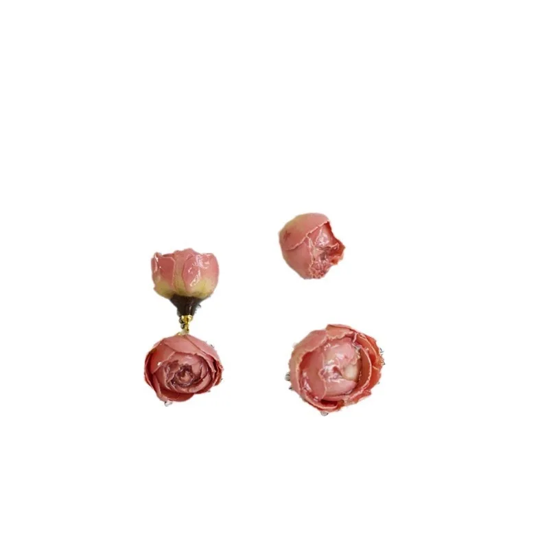 Drip Glue Pink Rose Diy Earring Material, Real Dry Flower Head Rose Jewelry Accessories