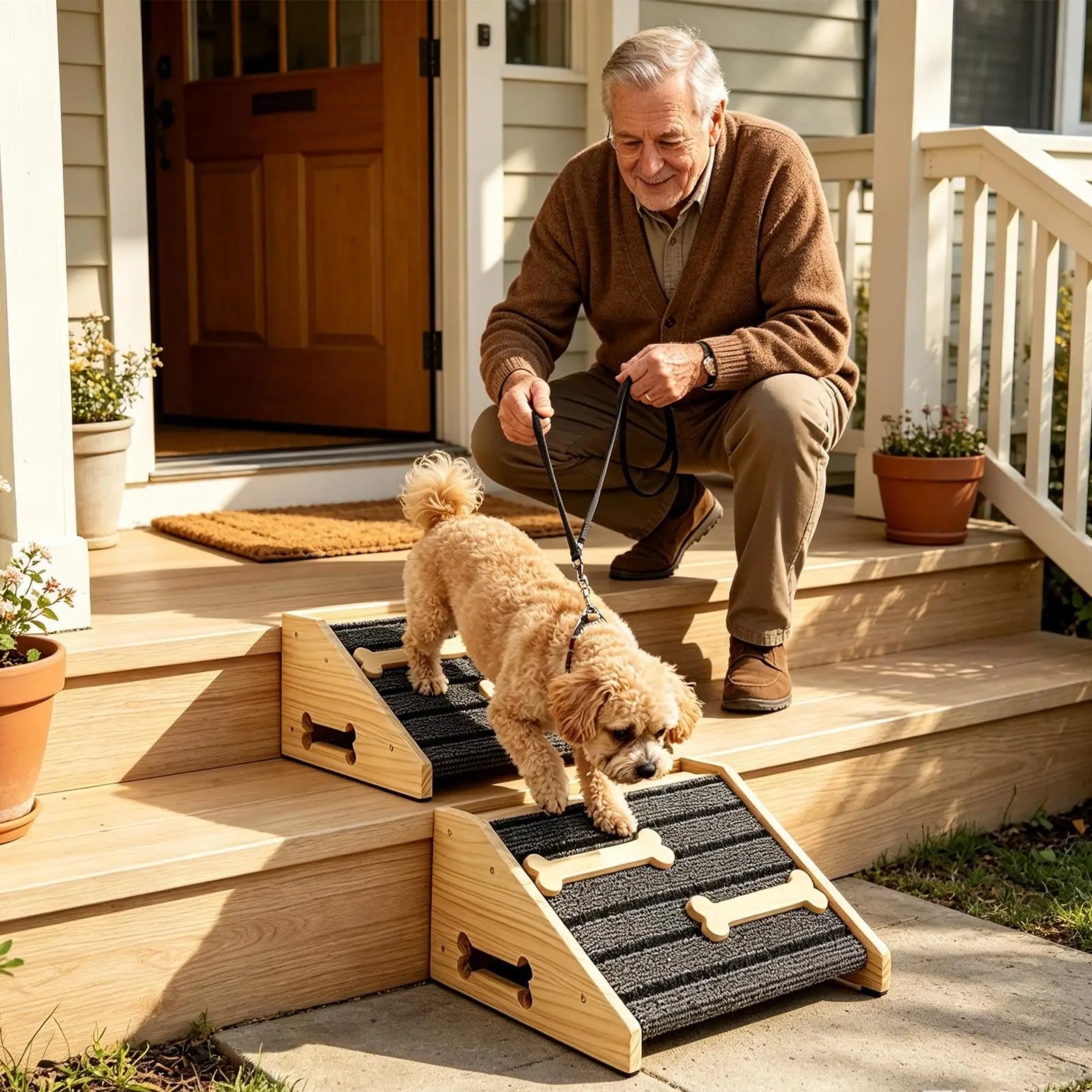 Pet Ramps For Stairs 2 Pieces Anti-slip Wooden Wedges With Felt Mat Dog Stair Helper Ramp For Senior Short-Legged Pets Indoor