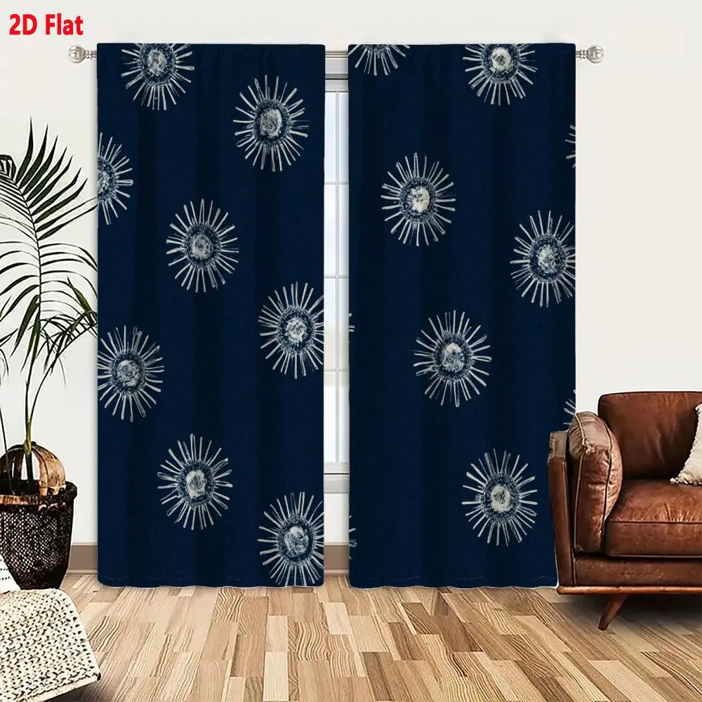 2Pcs Curtains 2D Flat White Sunburst Floral Starburst Pattern On Solid Dark Blue Navy Background Minimalist Artistic Decorative