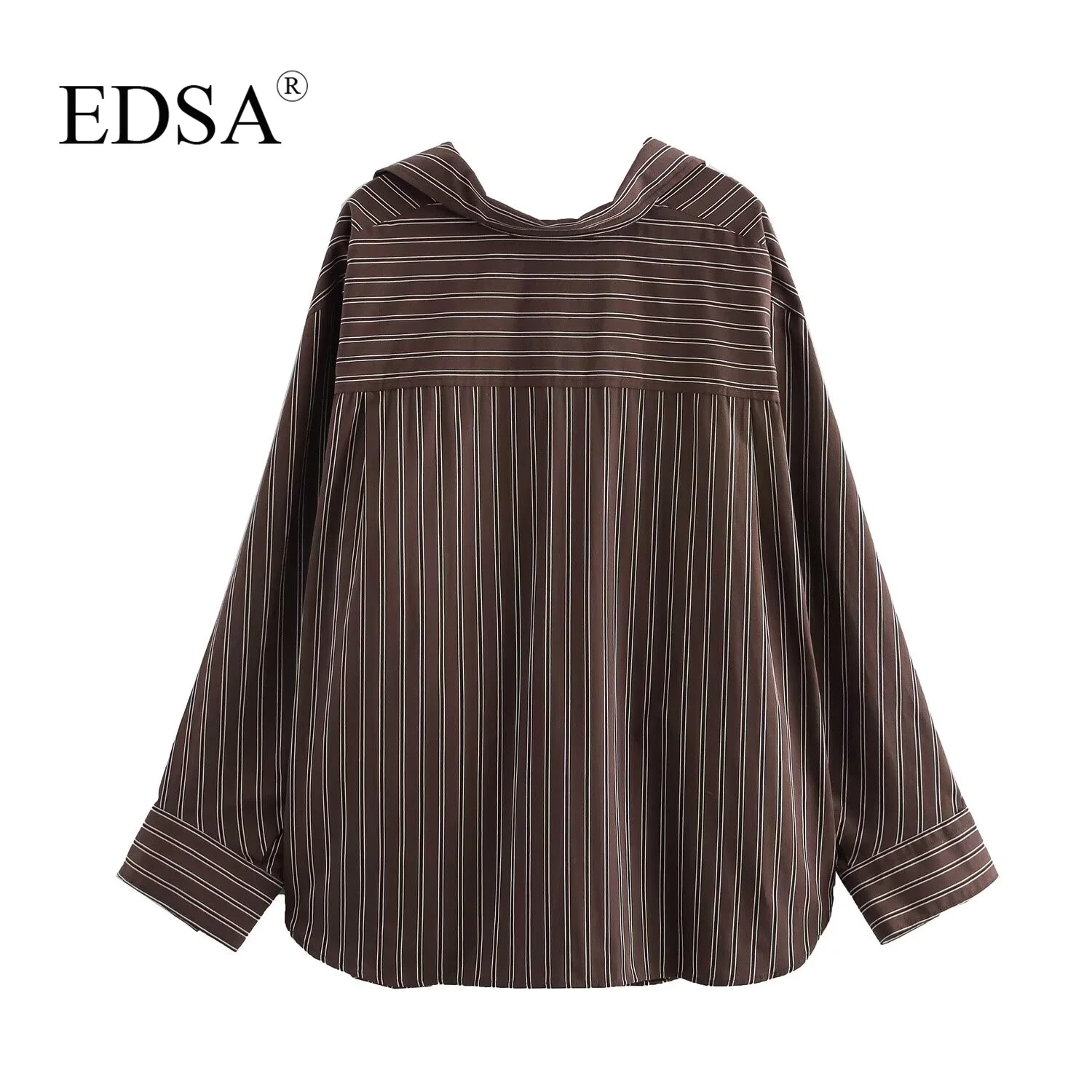 EDSA Women Brown Batwing Stripe Shirt Long Sleeves with Cuffs Patch Pockets Button-up Front for Office Lady Blouse