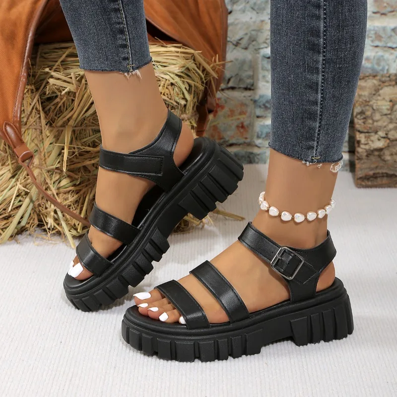 2024 High Quality Shoes Female Ankle Strap Women\'s Sandals Summer Open Toe Solid Outdoor Casual Platform Large Size Sandals