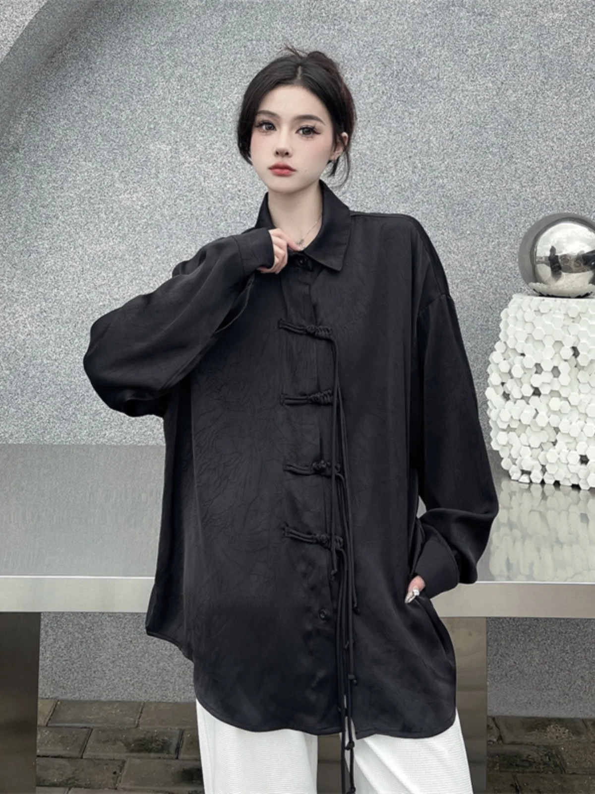 

Bla Xiangyun Silk irt Long Sve Women's New Chinese Sle Luxury Sensation Office Commute Loose Fit Polyester Fiber