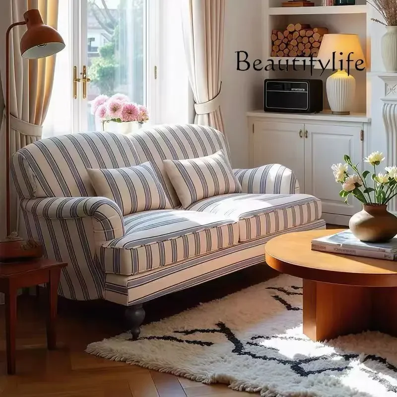 N49 French retro blue striped fabric sofa American living room single  sofa double triple large apartment sofa bedroom