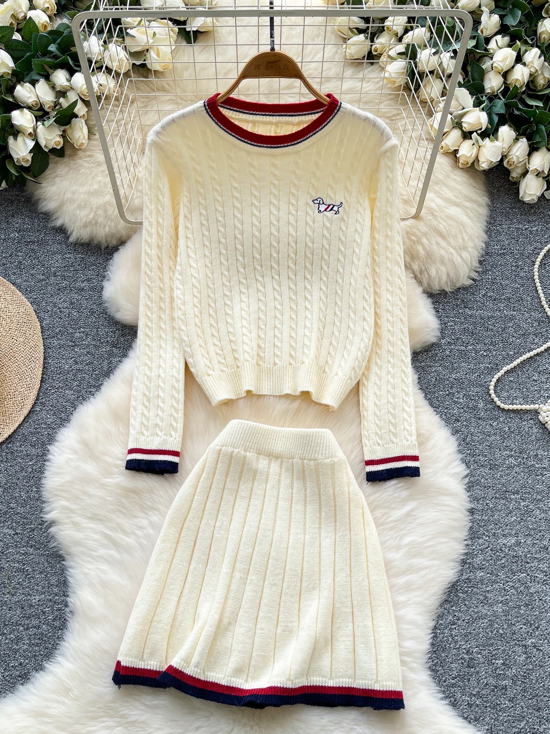 Set Sweater Rajut Anti-Penuaan dengan Bordir, Rok Panjang Pinggang Tinggi, Model Bulat, Gaya Musim Gugur untuk...