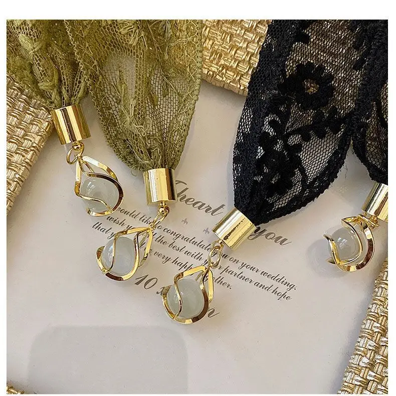 

2025 French Lace Hair Wrap: Ethereal Green Floral Headband with Dangling Ribbons - Boho Braid Chain Hairband