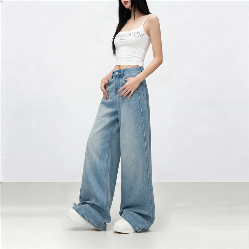 Summer Soft Lyocell Fabric Woman Jeans Thin Loose Straight High Waisted Pant Fashion Comfort Retro Blue Casual Trousers