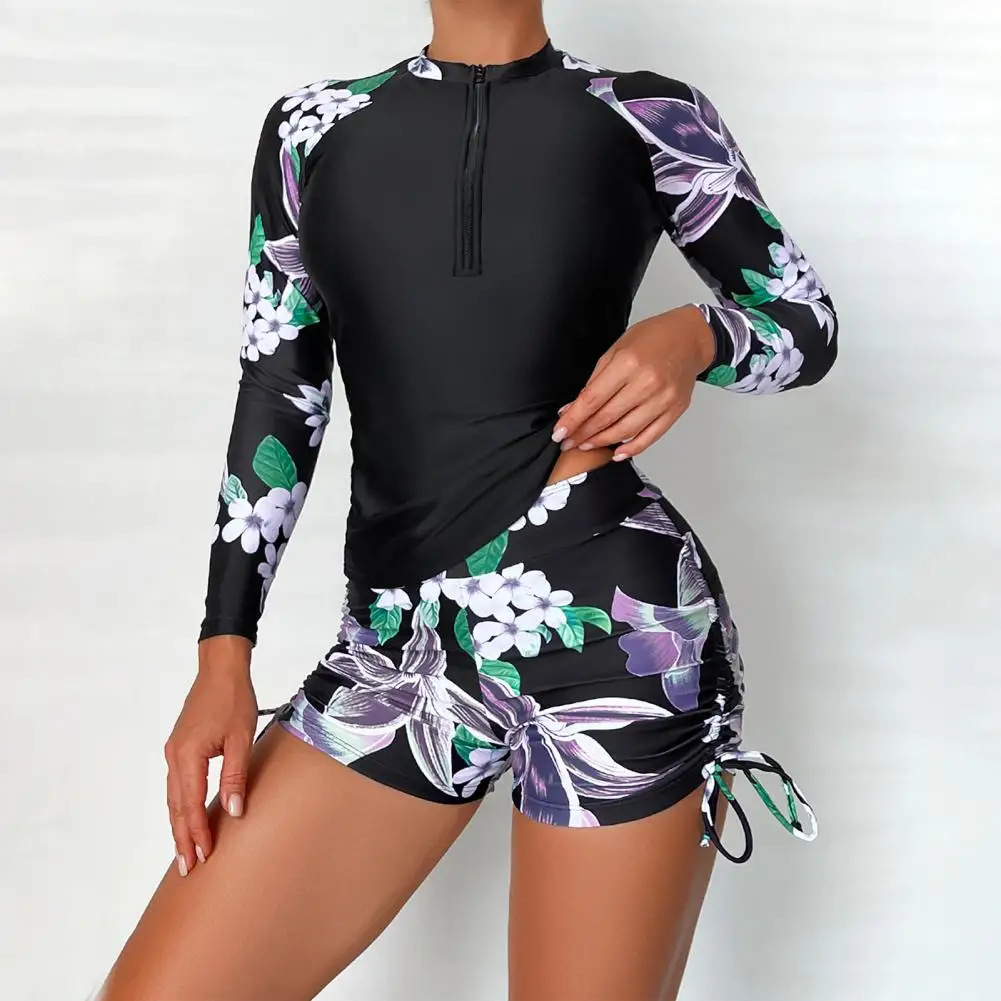 High-waisted Swimsuit Long-sleeved Swimsuit Floral Print Women's Swimsuit Set with Round Neck Zipper for Surfing for Ladies