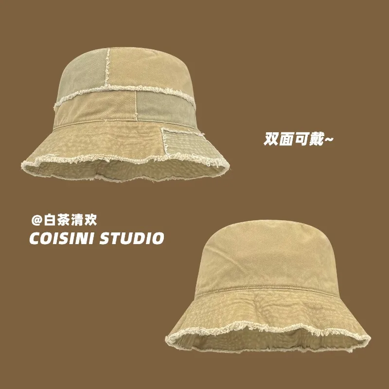Japanese Niche Splicing Fur-edge Bucket Hat for Men and Women Spring and Summer Sun Cap Double-sided Casual Panama Bob Hats