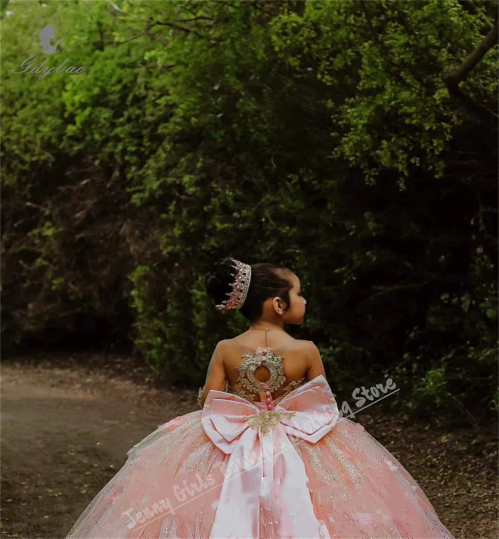 

Пышное платье с золотой кружевной аппликацией для девочек с длинным бантом со шлейфом, детское платье для выступления на фортепиано на день рождения