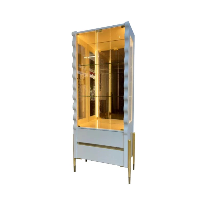 

&Modern Design White Home Wooden LED Wine Rack Dining Room Furniture Storage Luxury Bar Living Room Glass Display Wine Cabinet