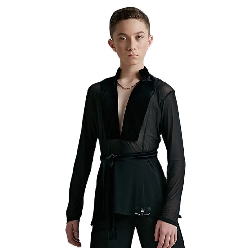 

2020 boys Black Latin Dance Tops For Male Long Sleeve M-XL Soft Milk Silk Lycra Shirt Cha cha Rumba Adult Ballroom Top for dance