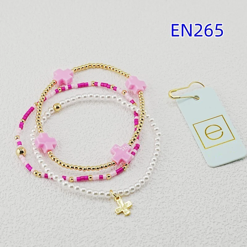 

VKVVA Fashion Jewelry Pink Gold Cross Faux Pearl Beaded Bracelet Set for Women, Y2K Preppy Stackable Layered Bracelets, 3pcs