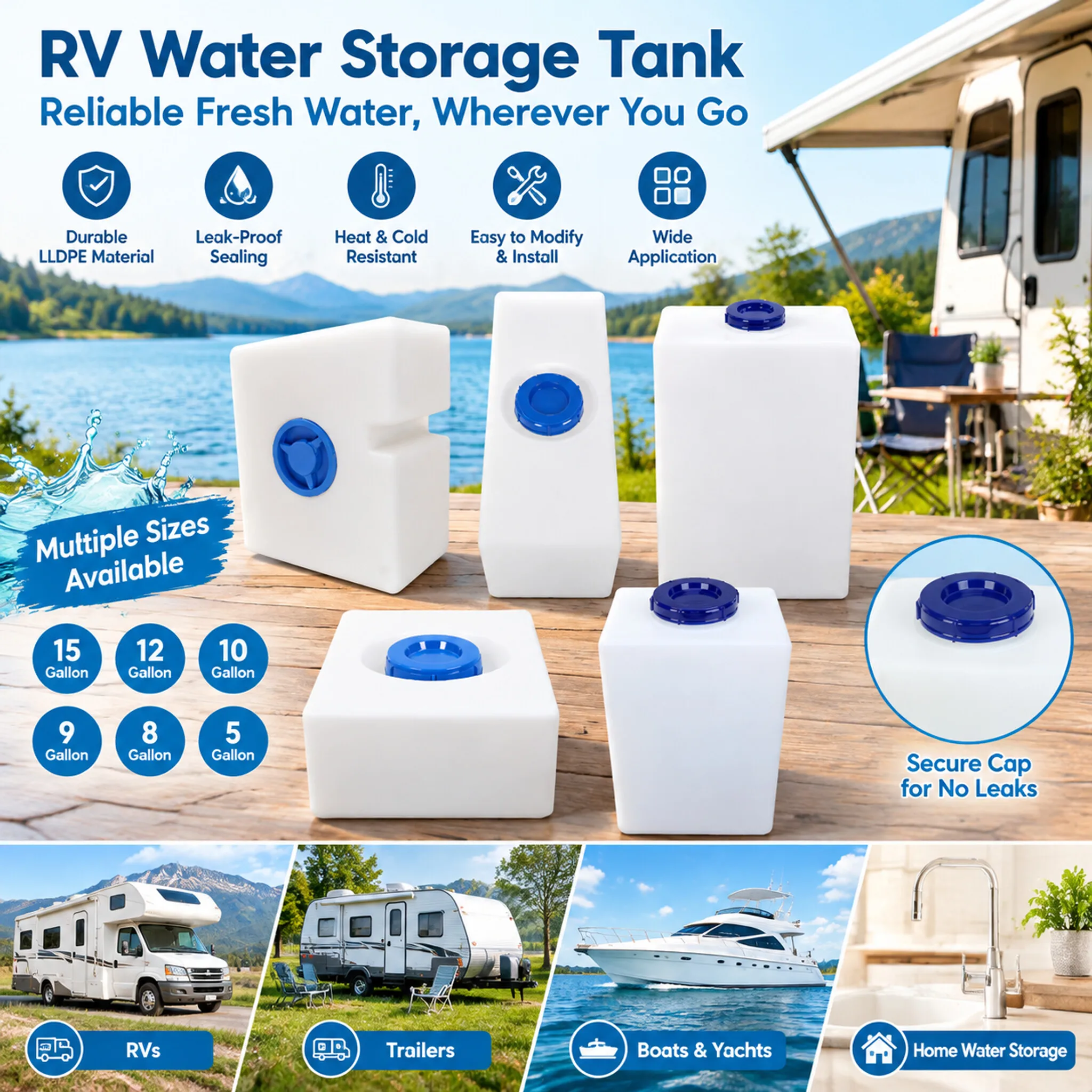 New 15/12/10/9/8/5 Gallons RV Water Storage Tank Heat Cold Resistant PE Fresh Water Tank for Trailer Boat Yacht Accessories
