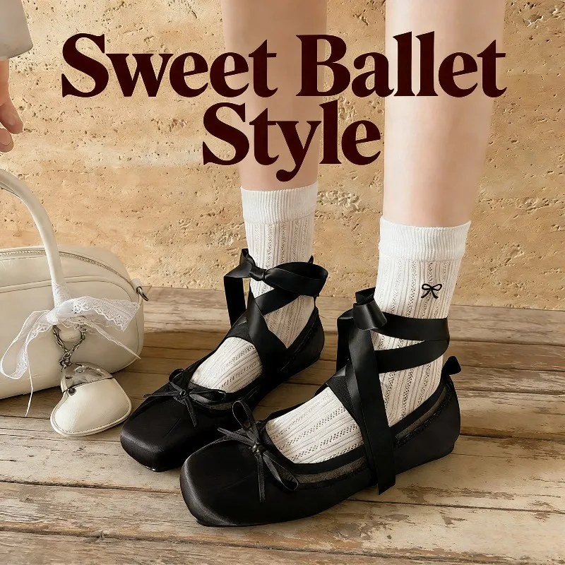 

Young Women Luxury Satin Silk Ballet Shoes Girls Classic Square Toe Bowtie Elastic Band Ballerina Flats Ladies Soft Loafers