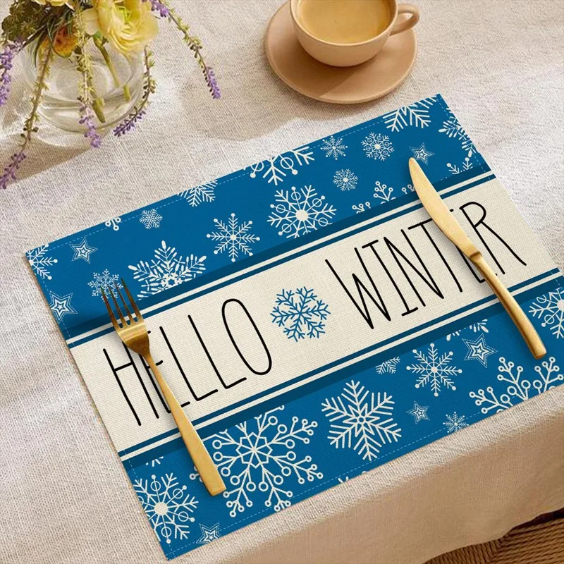 VIKAMA Linen Placemats Hello Winter Snowflakes, Blue White, Stain Resistant Easy to Clean, Dining Table Holiday