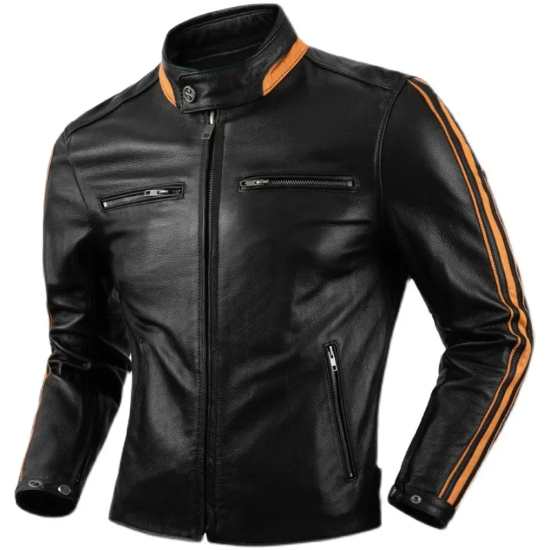 

New 2024 Fashion Motorcycle Jacket Genuine Leather Cowhide Biker Men Moto Racer Cow Coats