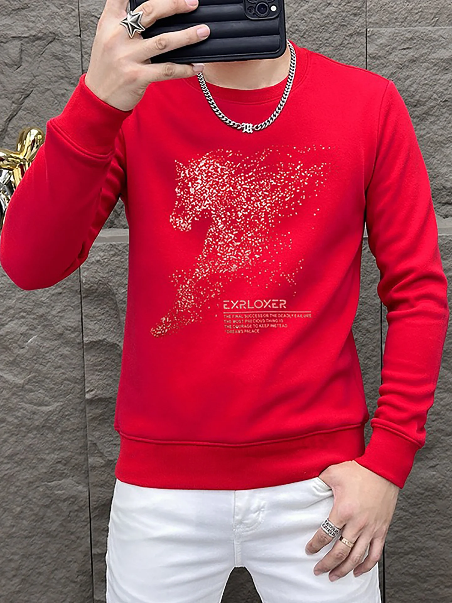 

Casual Red Long Sve Sweatirt round Ne Loose Fit Men's T-irt Comfortable Breathable Anti-Wrinkle Deformation Resistant