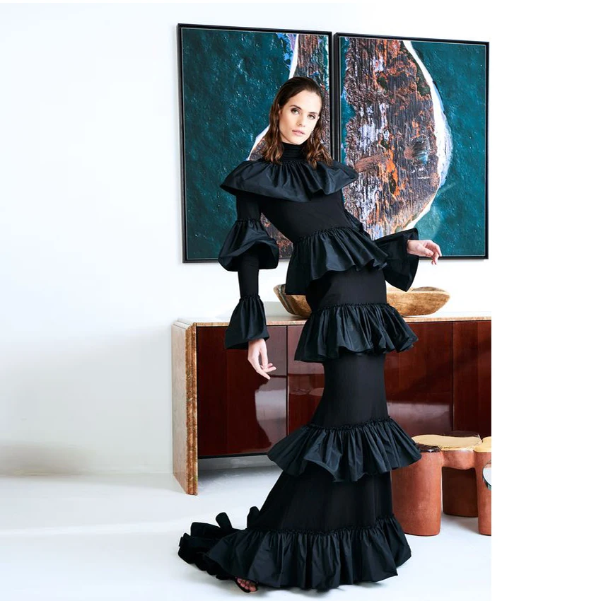 Muslim Modest Black Mermaid Formal Party Dresses High Collar Full Sleeves Tiered Ruffles Long Prom Gowns Simple Maxi Women Dress