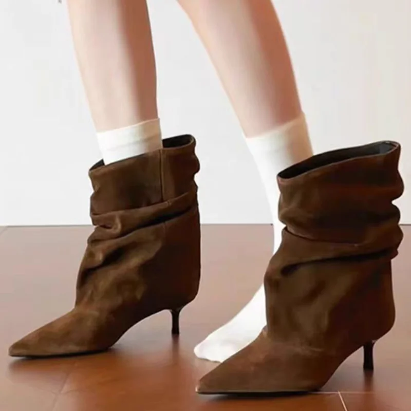 

Fashion Retro Pointed-toe Ankle Boots New Coffee Pleated Versatile Stiletto Heel Women's Boots Brand-name Quality Suede Boots