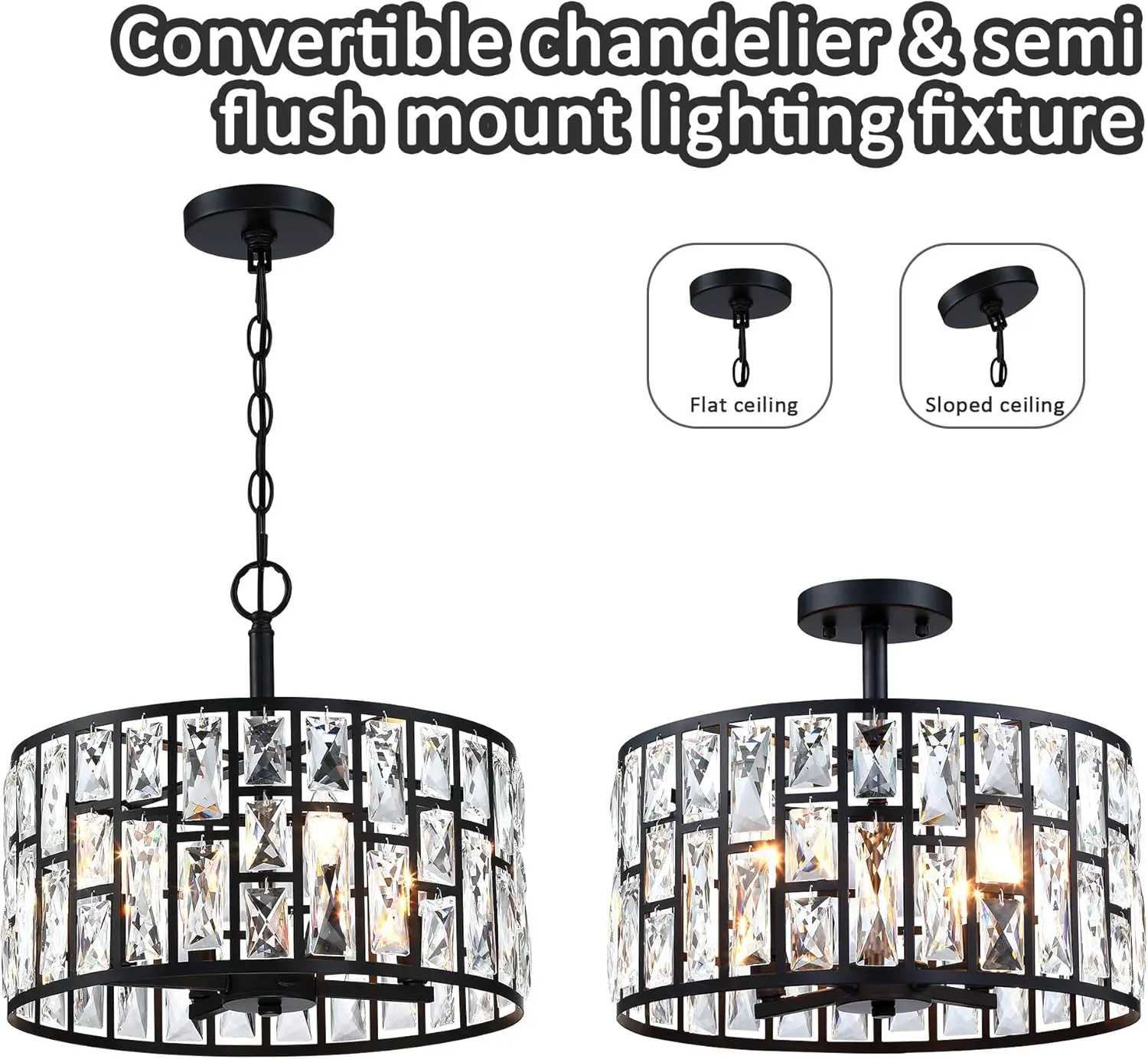 Farmhouse Crystal Convertible Chandelier and Semi Flush Mount Lighting Black Cylinder Drum Shade Pendant for Kitchen Island