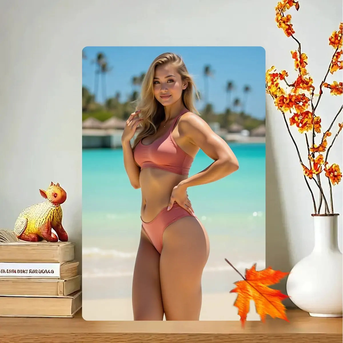 2D Flat Tropical Beach Metal Poster - Blonde Bikini Teal Palm Pink Swimsuit Art 8x12in for Gym Home Salon