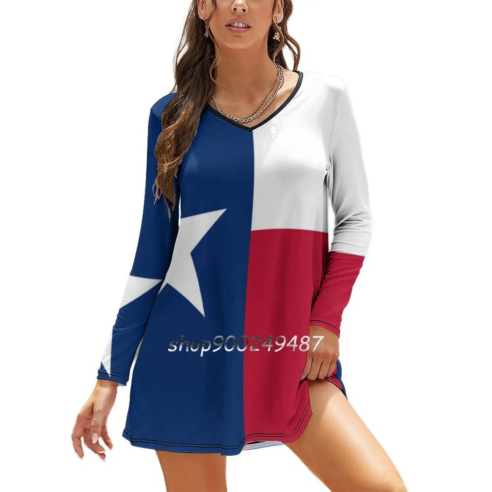 Texas: Texanische Flagge Süßes Elegantes Kleid Damen Koreanisches Kawaii Kleid mit quadratischem Kragen Amerika Amerikanisch Antonio Arlington Austin