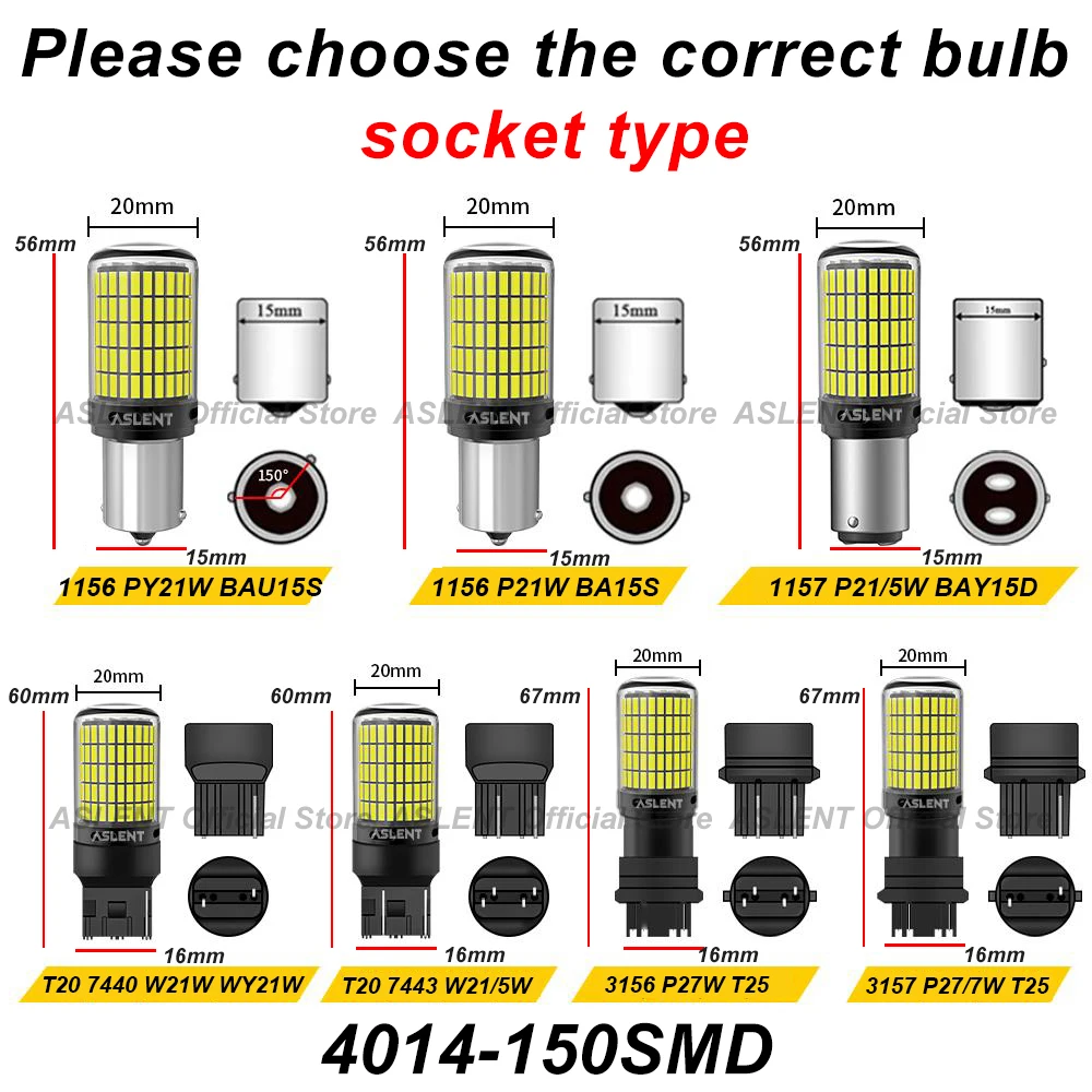 Bombillas LED para intermitente, lámpara CanBus, 4014, 150SMD, 1156, BA15S, P21W, BAU15S, PY21W, 7440, W21W, 1157, BAY15D, P21/5W, 3157, 2 piezas