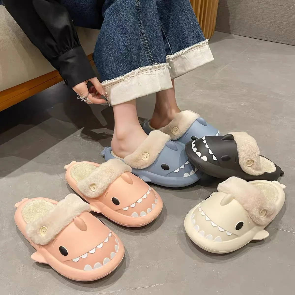 Shark Cotton Slippers Woman Waterproof Winter Indoor Non-slip Slides Plush Home Warm Couple Shark Flip Flops Sandals Flat Shoe