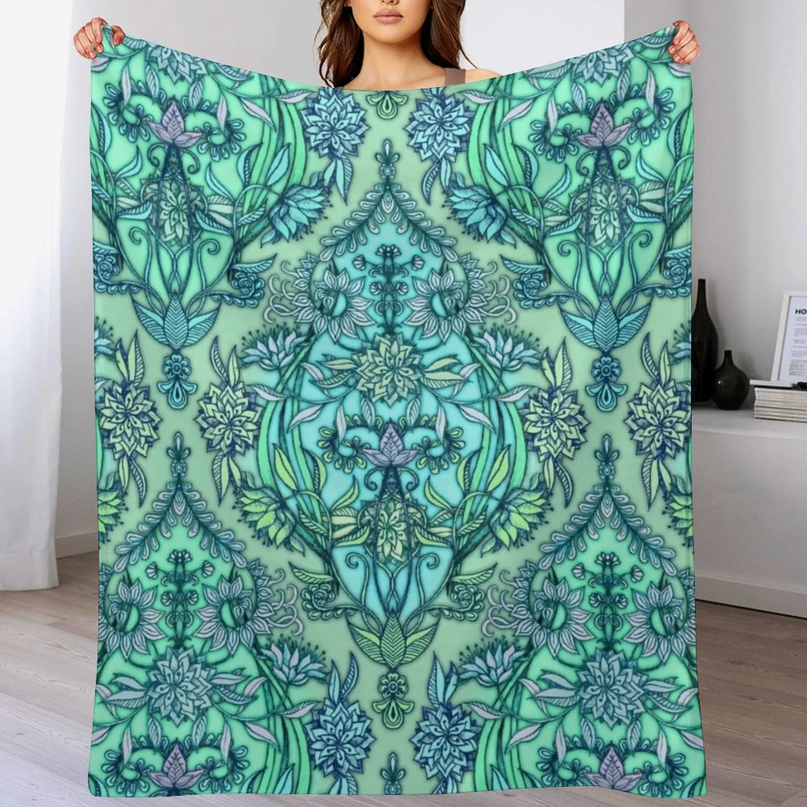 

Botanical Moroccan Doodle Pattern in Mint Green, Lilac & Aqua Throw Blanket No Pilling Soft Warm Blanket for Bed