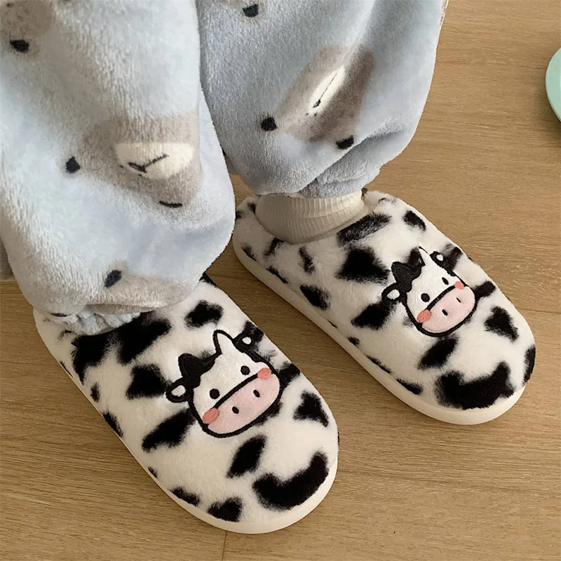 2023 Milk Cow Fluffy Fur Slippers Women Men Winter Warm Shoes Soft Plush Lovers Home Floor Slides Cute Animal Frog Footwear