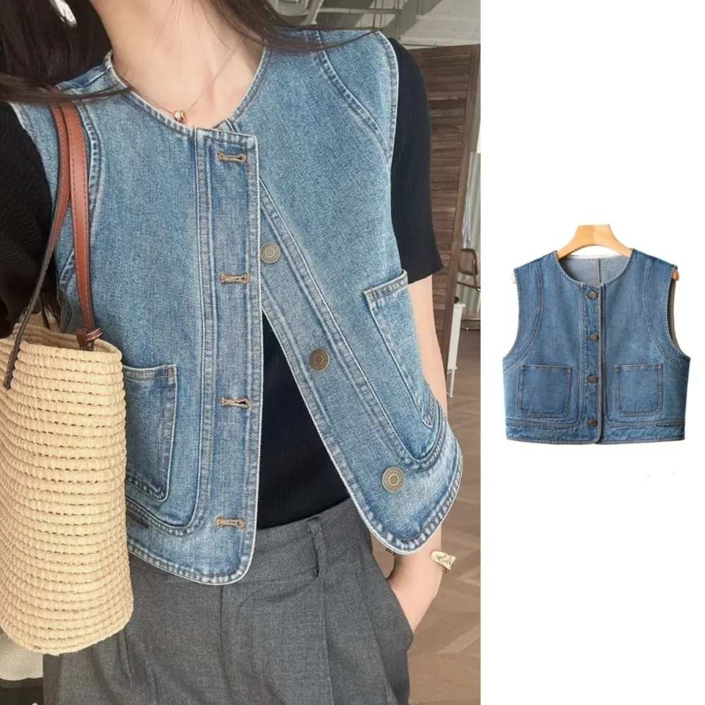 

Casual Y2K Vintage Denim Vests Blue Round Neck Button-up Short Coats Retro All Match Cropped Sleeveless Jacket Girls