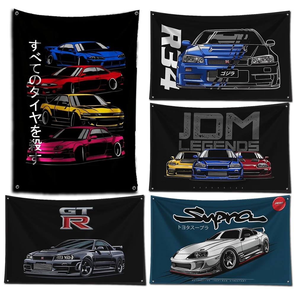 3x5 Ft JDM Car Flag Polyester Digital Printing Banner for Garage Wall Art Out Door Decoration With Brass Grommets