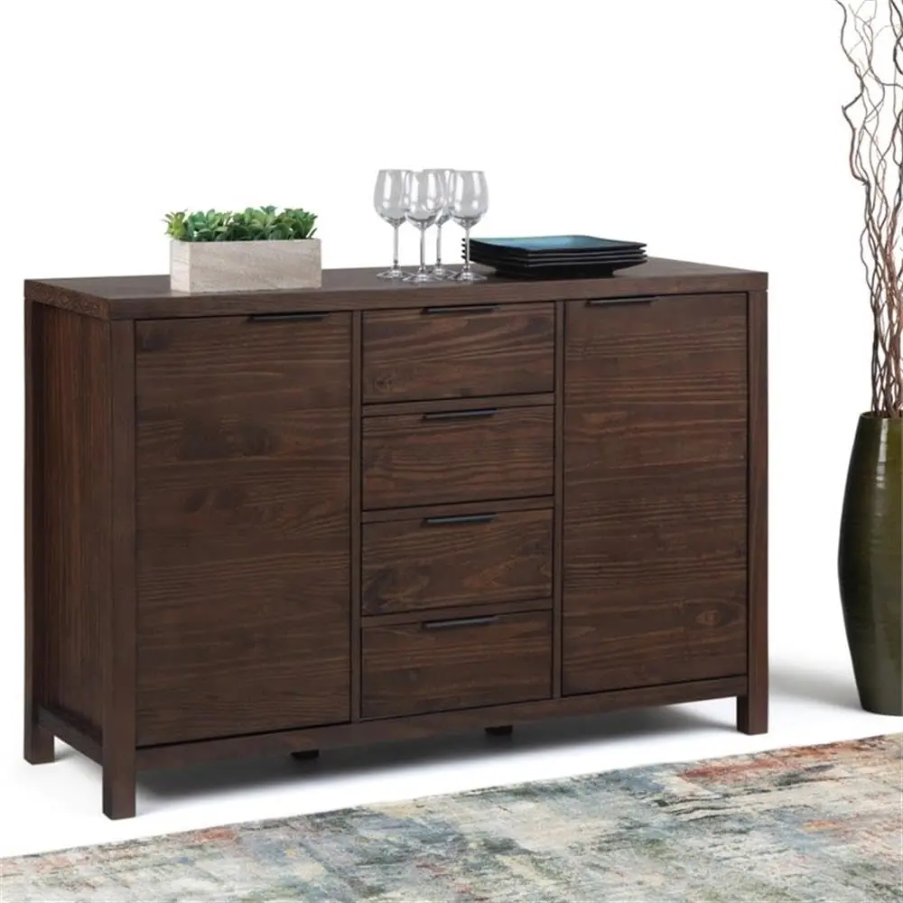 Wood Sideboard Buffet, 54 in Wide, Warm Walnut Brown Finish, Solid Wood Construction, 4 Drawers, 2 Doors, Adjustable Shelves, Mo