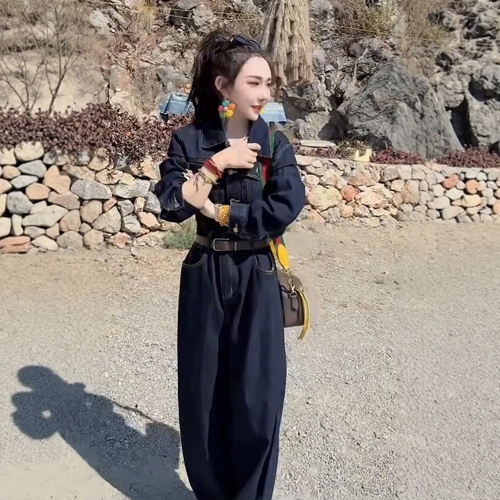 

Spring New Lazy Sle Women's Overall Jeans Collar Outfit plus Size Comfortable High Waist Long Pants Polyester Fiber