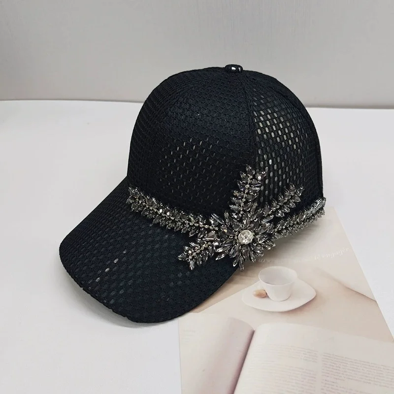 Women's Fashionable Rhinestone Baseball Cap: Openwork, Breathable, Stylish, Sun-Protective, Beach Sun Hat