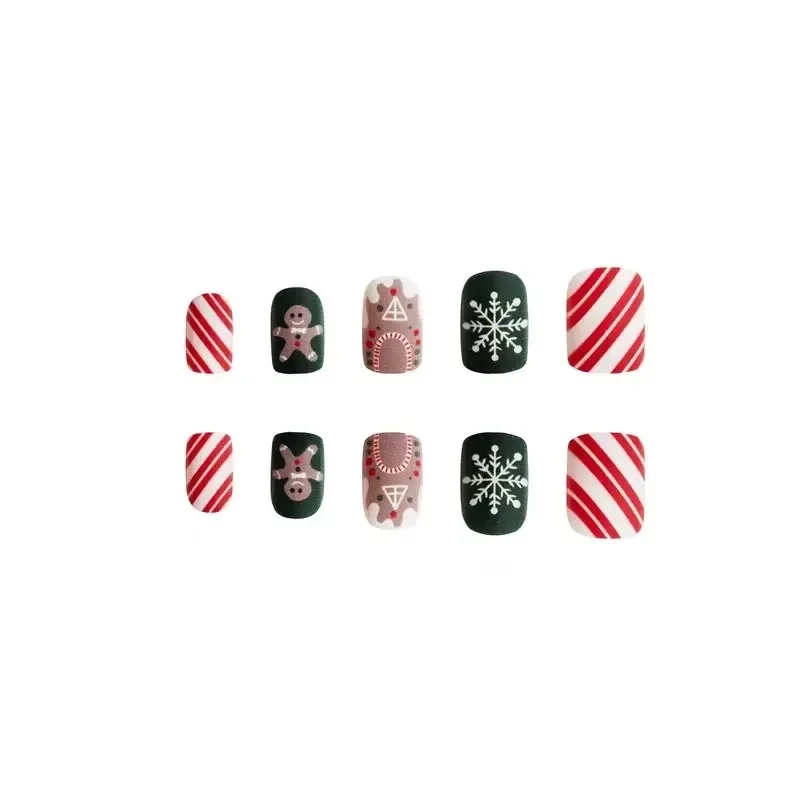 24pcs Short Square ChristmasSnowflake Gingerbread Man Candy CaneStripes Fake Nail Suitable for Women Party Ball AndDaily Wear