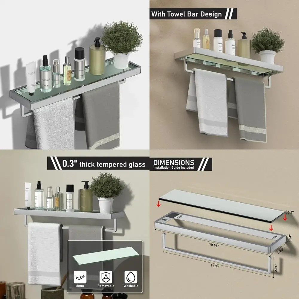 

Glass Floating Shelves for Bathroom and Living Spaces with Towel Bar, Tempered Rectangular Storage Solution