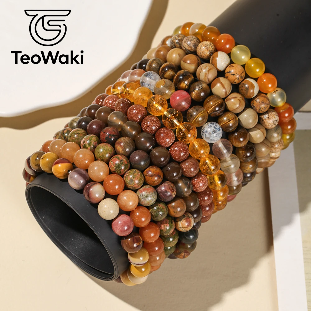 TeoWaki Dainty Polished Natural Stone Beaded Bracelet Orange Series Bead Sizes Various Daily Jewelry Stackable Accessory 19cm