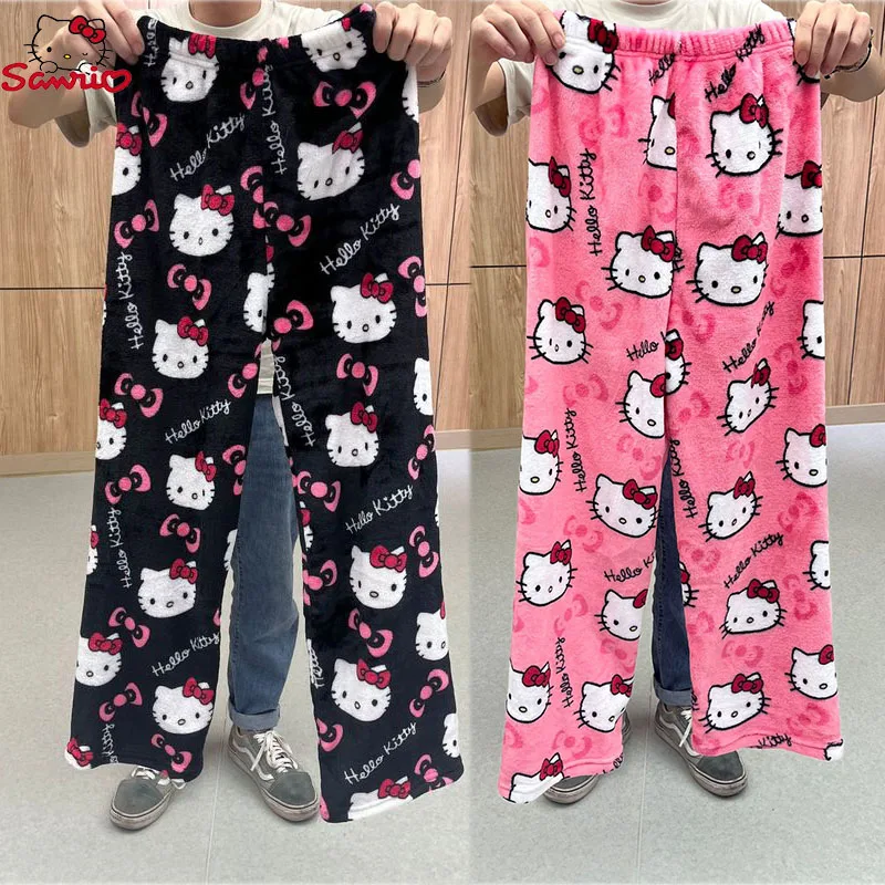 Hello Kitty Pajamas Pants Black Flannel Women Sanrio Kawaii Woolen White Cartoon Casual Home Pants Autumn Fashion Trousers Gifts