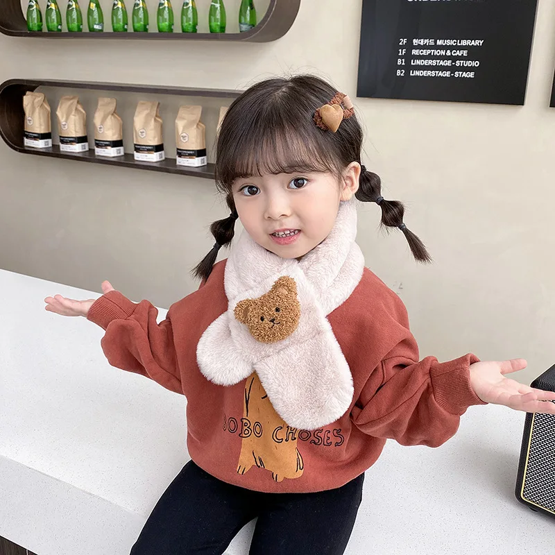 Winter Children Plush Scarf Cartoon Bear Kids Cross Scarves Soft Imitation Rabbit Fur Neckerchief 1-12year Boys Girls Neck Warm