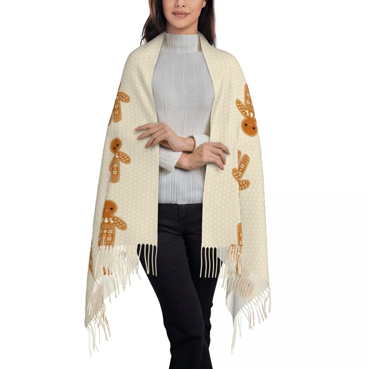 Sweater Pattern Gingerbread Cookie Scarf Tassel Scarves Women Soft Warm Shawls and Wraps Large Fall Winter Shawl Wrap