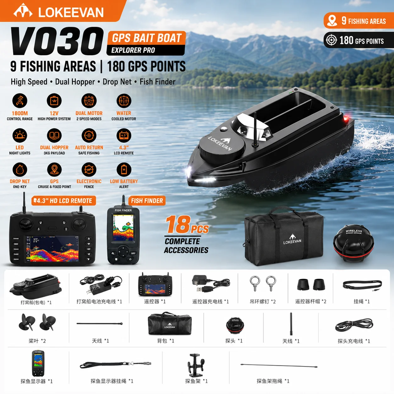 Bateau à appâts GPS LOKEEVAN V030 avec sondeur, télécommande 1800m, double trémie 3kg, largage de filet à une touche, retour automatique, 180 points GPS, bateau de pêche à la carpe haute vitesse 12V
