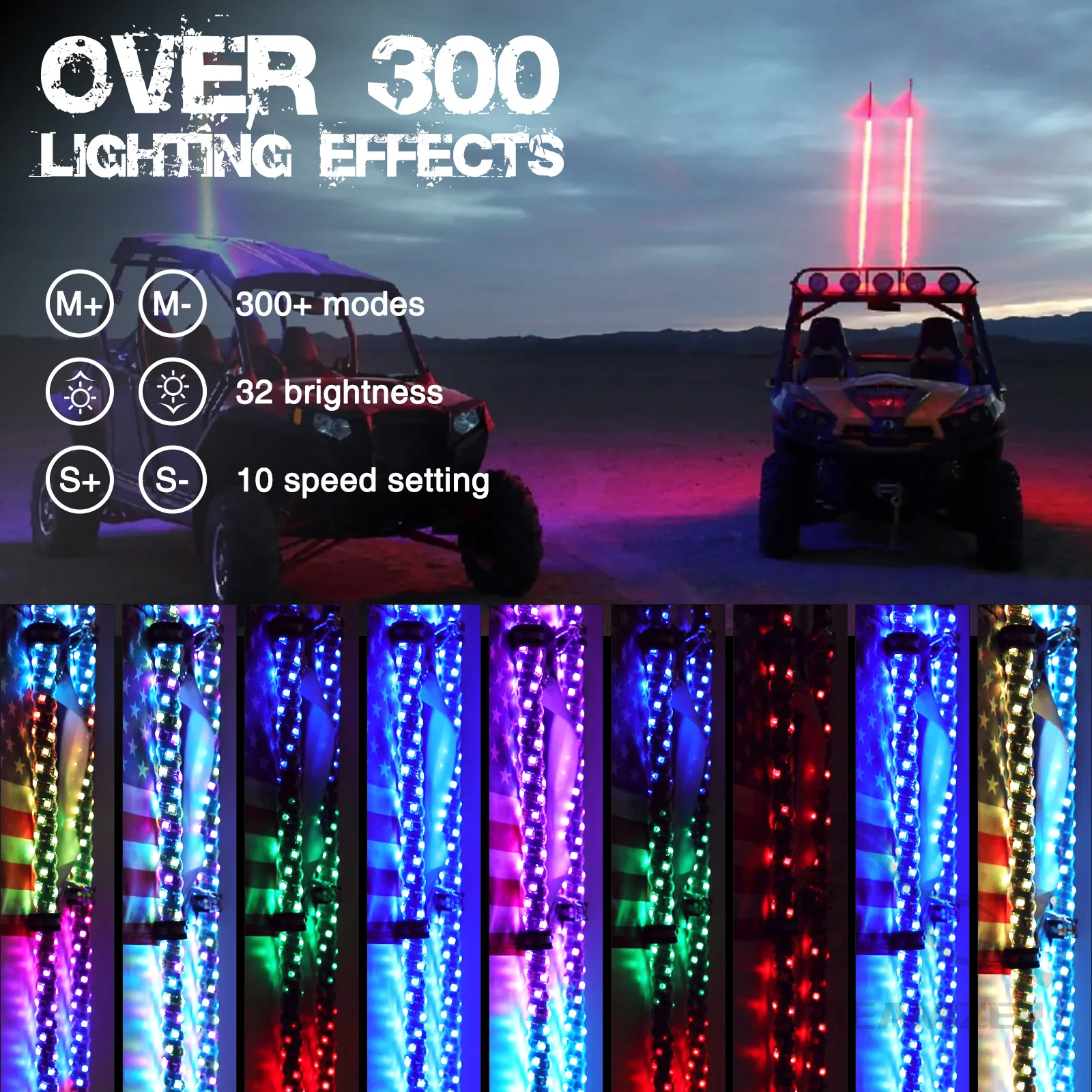 3/4ft RGB Spiral LED Whip Lights Antenna Chase Buletooth APP Remote Contral with Turn Signal Brake Lights for UTV Led Backlights