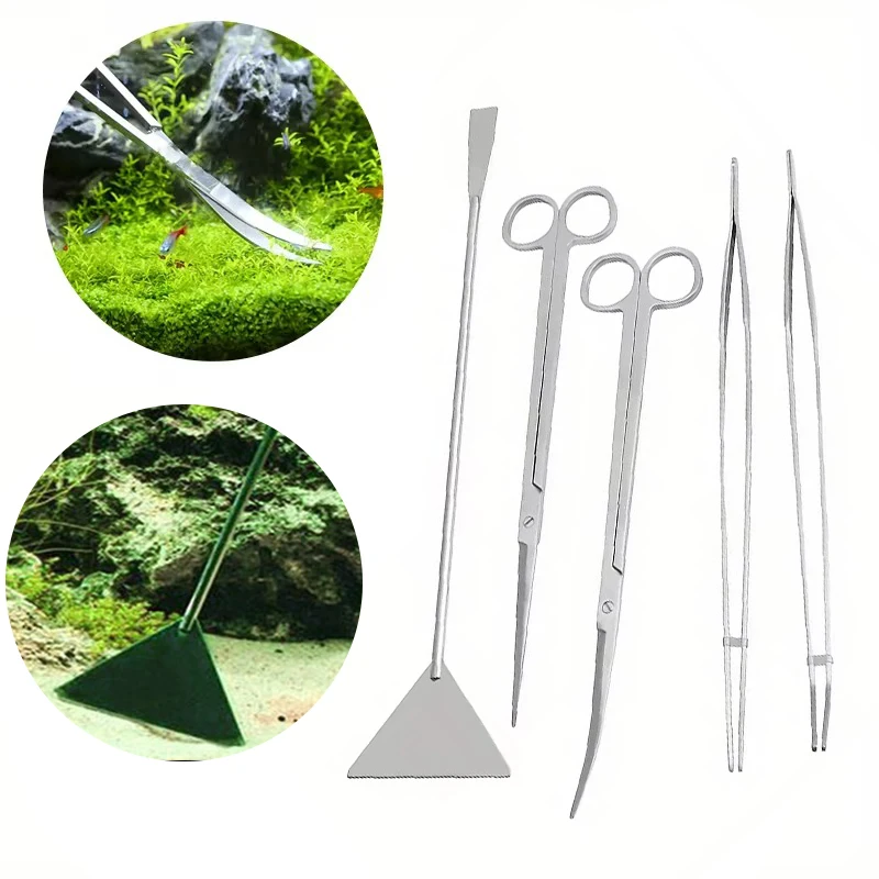 Fish Tank Aquascape Cleaning Tools Stainless Steel Tweezers Scissors Clip Scraper Algae Knife Aquatic Plant Trimming Tool Set