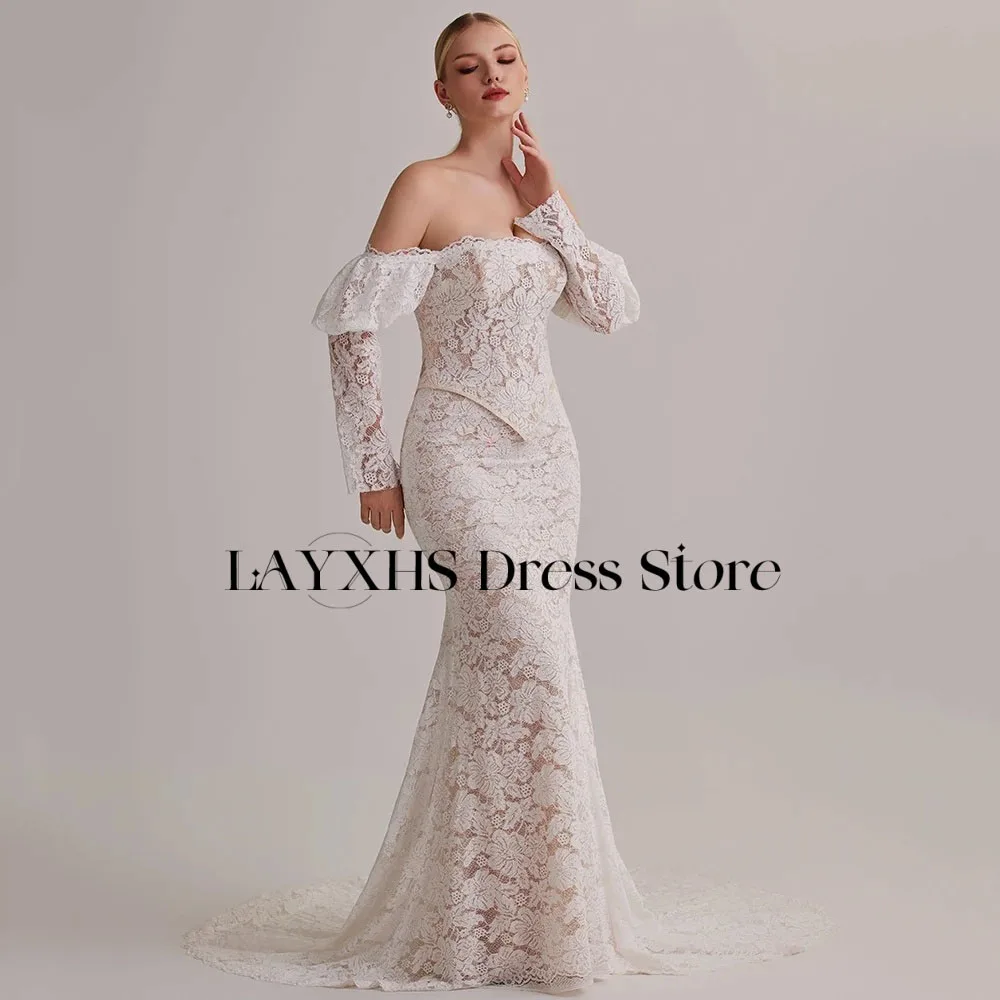 

LAYXHS Elegant Off the shoulder Wedding Dress Mermaid Lace Long Sleeves Ruffle Bridal Gowns Customized vestido de noiva
