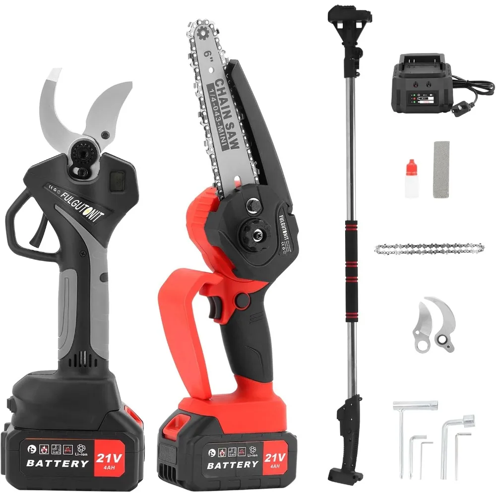 Electric Pruner Kit,Pruning Shears & 6 inches Mini Chainsaw,with Max 7 ft Extension Pole,2 Pcs 4 Ah Batteries for Longer Pruning