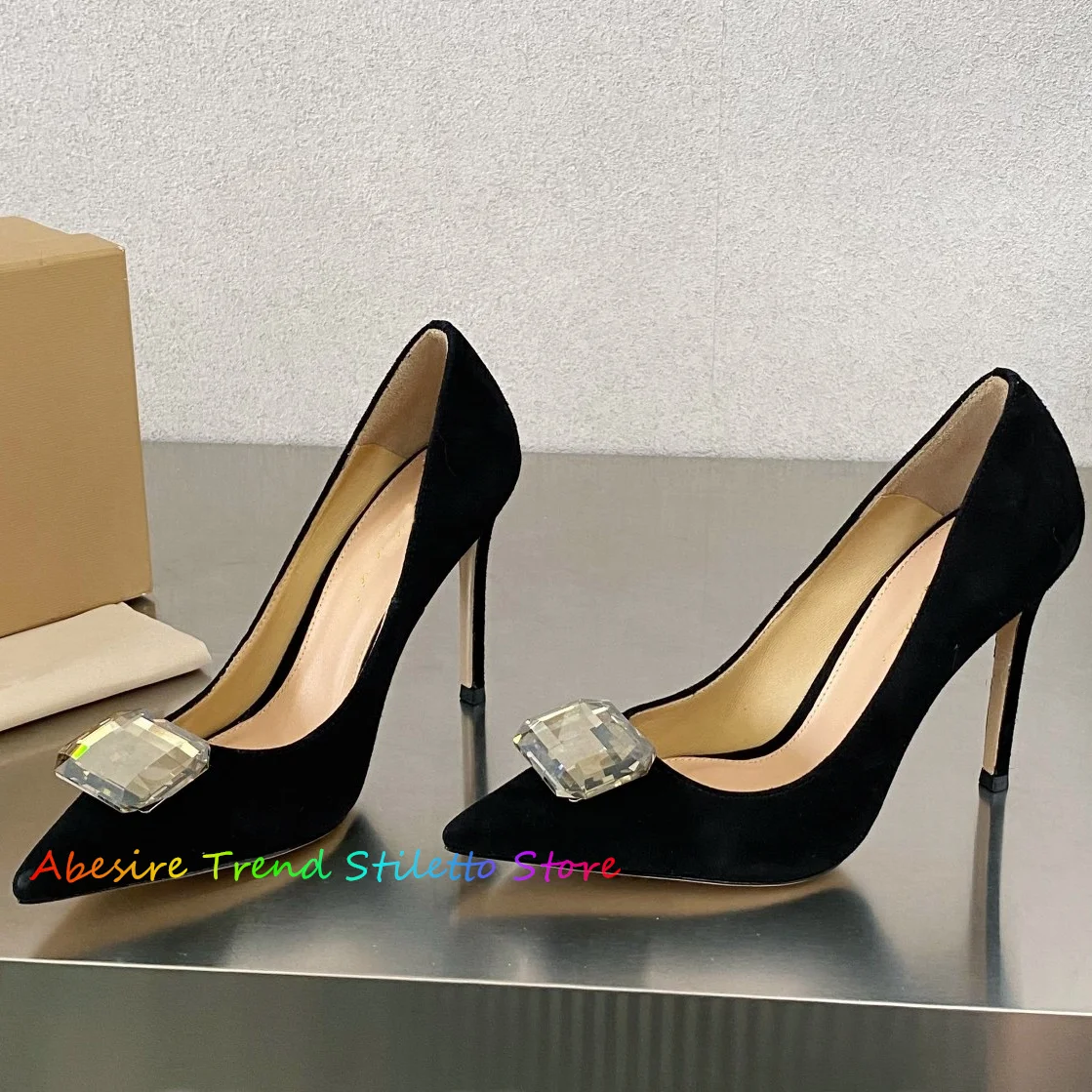 Big Rhinestone High Heel Pumps Women Pointed Toe Shallow One Step Versatile Stiletto Single Shoes Fashion Suede Wedding Shoes