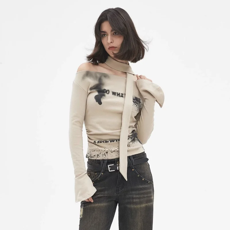 Autumn Tie Dye Printed Long Sleeve T-shirt Women Y2k Aesthetic Slim Fit Folds Crop Top Vintage Slash Neck Gothic Tees